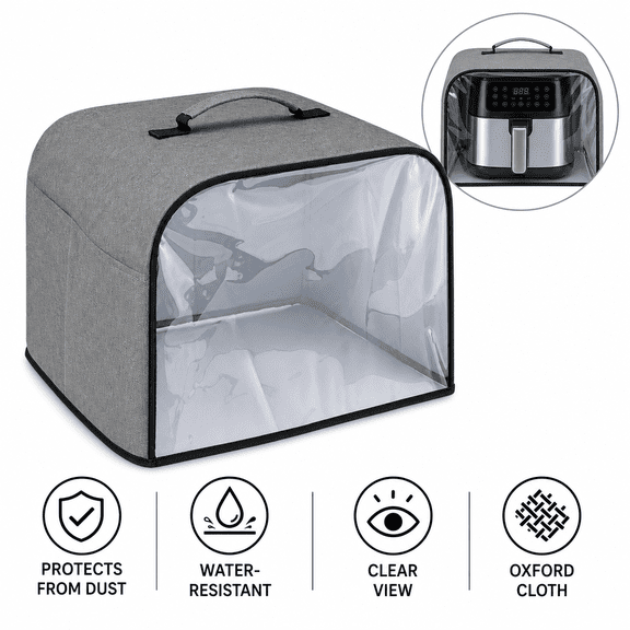Gray Kitchen Appliance Dust Cover, 14" x 13.5" x 9.75" Waterproof Oxford Cloth Cover for Air Fryer, Toaster Oven, Bread Machine, with Clear Front Window