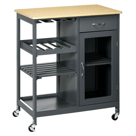 Gray Kitchen Island Cart with Wine Rack, Rolling Utility Cart - 30" Kitchen Storage Cabinet with Shelves & Drawer