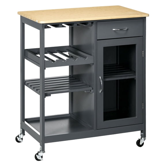 Gray Kitchen Island Cart with Wine Rack, Rolling Utility Cart - 30x19x34.75in - Bamboo Top, Shelves & Cabinet - Small Kitchen Storage