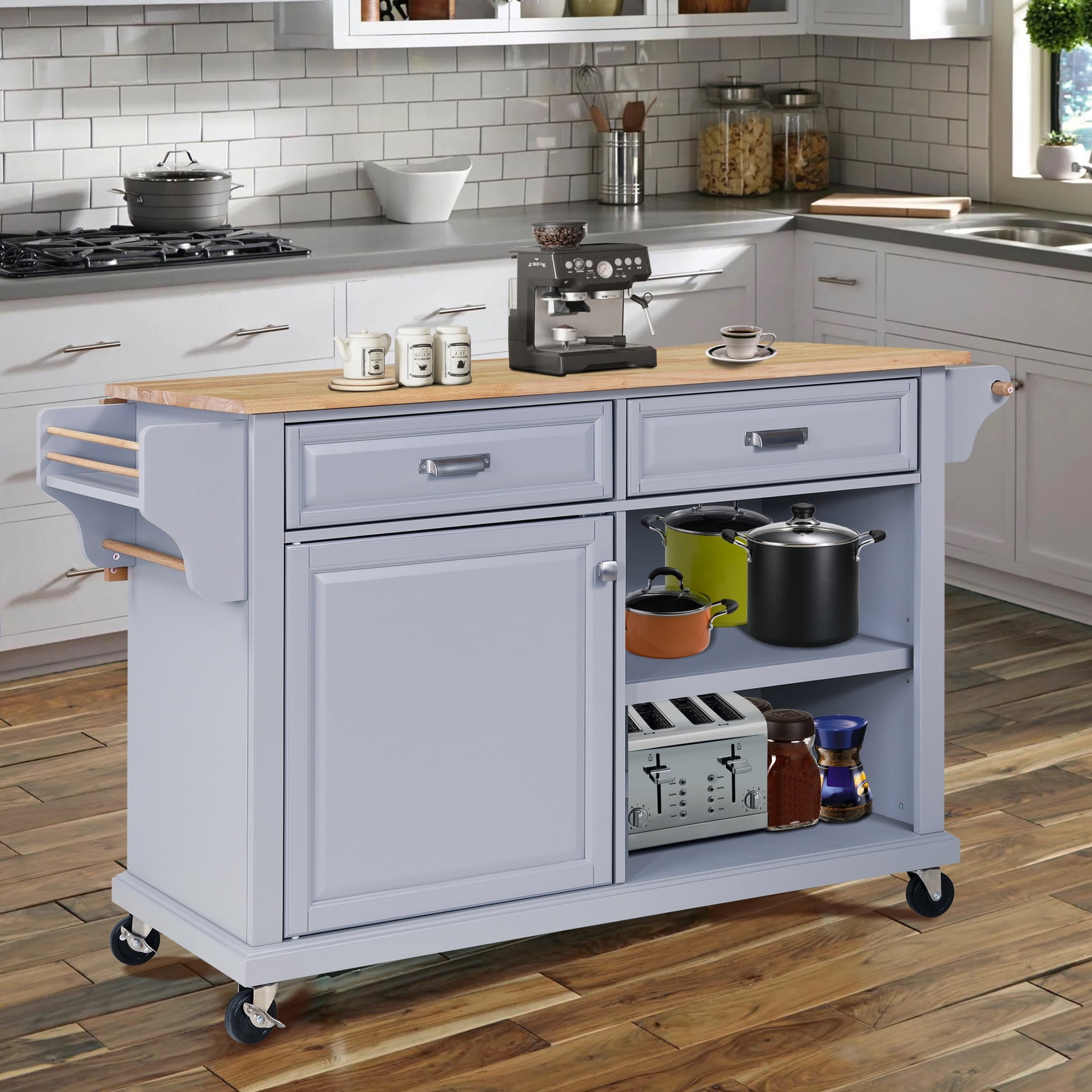 Gray Kitchen Island With Drawer And Shelf Storage - Natural Wood ...