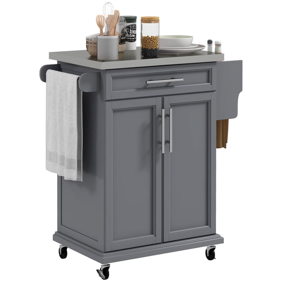 Gray Kitchen Island on Wheels with Drawer Stainless Steel Top Utility ...
