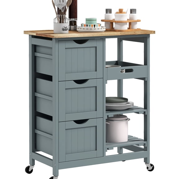 Gray Kitchen Island with Chopping Board and Shelves / Useful for Meal Preparation