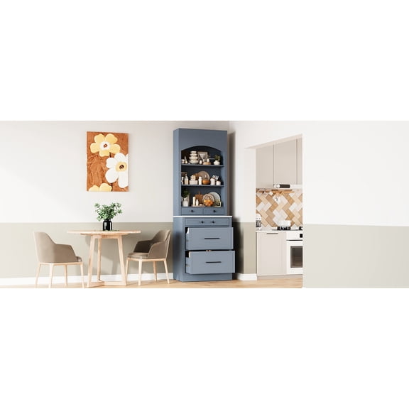 Gray Kitchen Pantry With Faux Marble Counter, 83.7inch Tall, 5 Drawers And Adjustable Shelf For Functional Living High Cabinet Marble, Shelf, Space Efficient Design