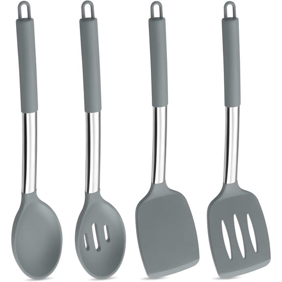 Gray Kitchen Utensil Set of 4, Silicone Heads with Steel Handles, Solid Spatulas, Slotted Spoons, Turners for Non-Stick Cookware, Heat Resistant