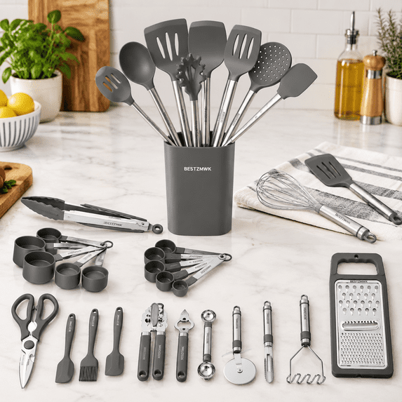 Gray Kitchen Utensil Set with 33 Silicone and Stainless Steel Cooking ...