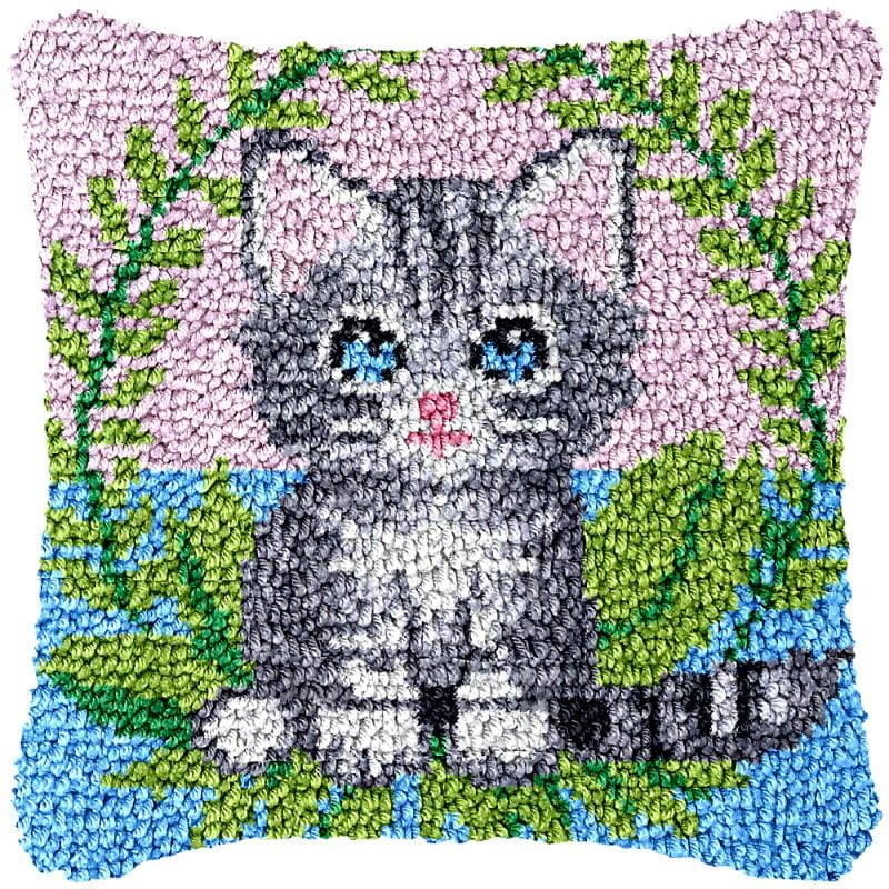 Gray Kitten Cat Latch Hook Pillow Cover Kits for DIY Handmade Throw Pillow Cross Stitch Latch Hook Pillowcase Rug Kits with Preprinted Color Pattern Canvas Crochet Yarn Kits 17''X 17''(ch143)