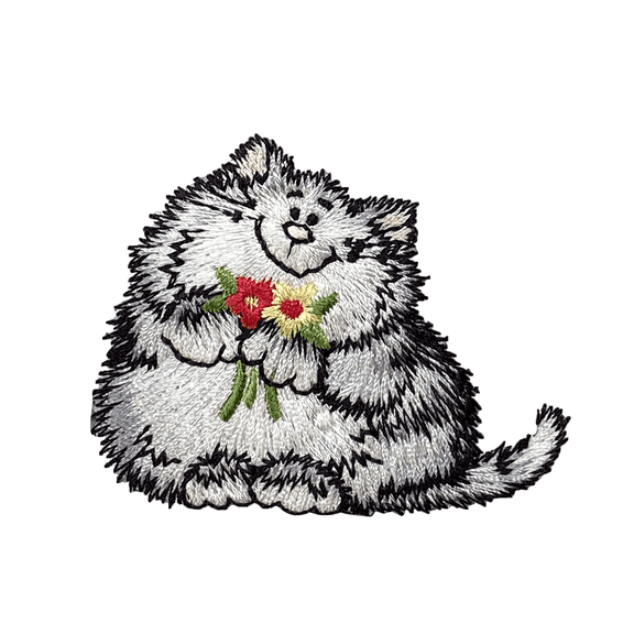 Gray Kitty Cat with Red & Yellow Flowers, Pets, Embroidered, Iron on Patch