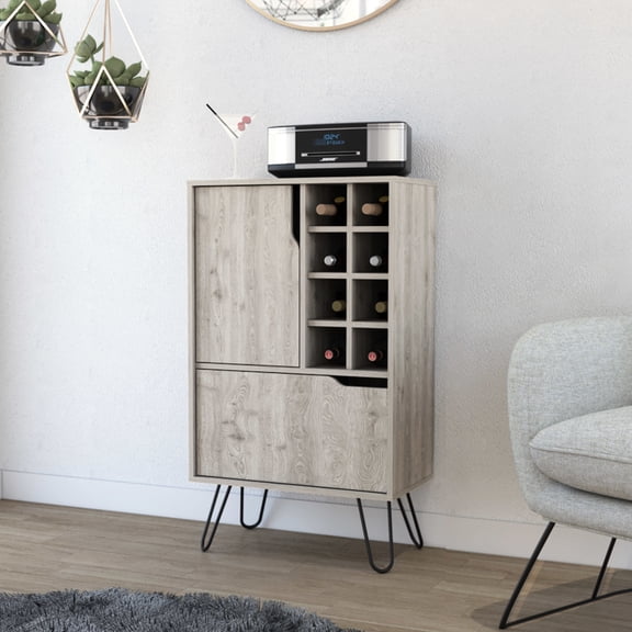 Gray L Bar Cabinet With 8 Liquor/wine , 4 Interior Shelves, Spacious Top For Drinking Glasses, Fits Narrow Spaces Excellently Wine Bottle Glassware, Ideal Locations
