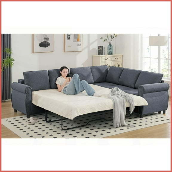 Gray L-Shaped 6-Seater Sleeper Sofa Bed  Modern Polyester Upholstered Couch for Living Room with Pull-Out Bed