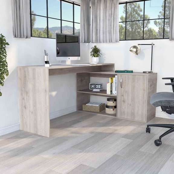 Gray L-Shaped Desk with Right Return and Open Storage for Office Devices