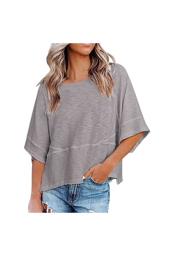 Gray L WIZUTIZ T Shirts for Women up to 65% Off Retro Breathable Pure Colour Fashion Tshirt Crew Neck Cozy Style Ladies T-shirt Linen Short Sleeve Shirts Sports Fluffy Blouse Plus Size Solid Tee Tops