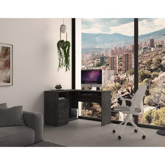 Gray L-shaped Desk With Two Drawers, Oak Theme, Keyboard Tray, 47.20 In. Depth X 41.30 Width 30.40 Height, Strong Build Desk, Drawers Metal Handles, Oak, Wide, Deep, High