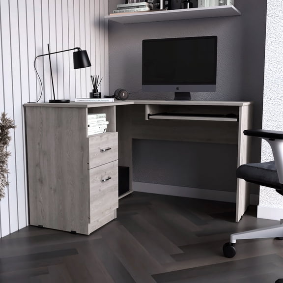 Gray L-shaped Desk With Two Drawers And Keyboard Holding Tray Efficient