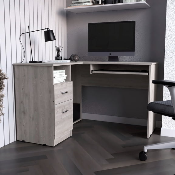 Gray L-shaped desk with two drawers and open shelf | Ideal for corner placement, retractable keyboard try | Durable particle board material