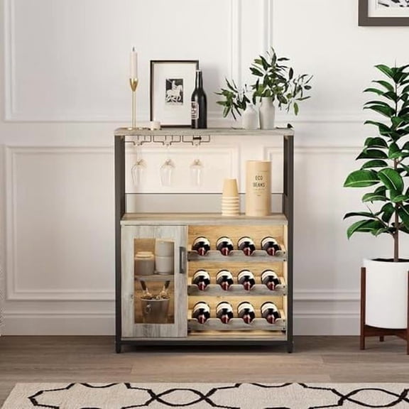 Gray LED Light Wine Bar Sideboard Cabinet, Metal Wood Combined Buffet with Removable Wine Glass Rack for Dining Kitchen Home Storage