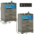 thumbnail image 1 of Gray Nightstand Set of 2 with Charging Station & 3 Drawers, Sofa End Side Table with Open Storage & LED Lights for Bedroom Living Room, 1 of 9