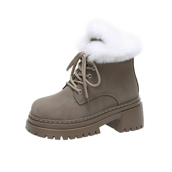 Gray Lace-Up Chunky Mid Heel Ankle Boots For Women Round Toe Plush Lining Warm Winter Casual Boots Comfortable For Everyday Use