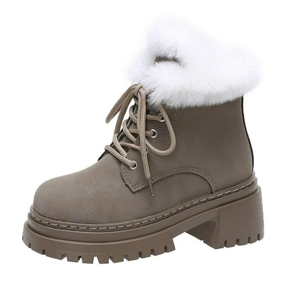 Gray Lace-Up Chunky Mid Heel Ankle Boots For Women Round Toe Plush Lining Warm Winter Casual Boots Comfortable For Everyday Use