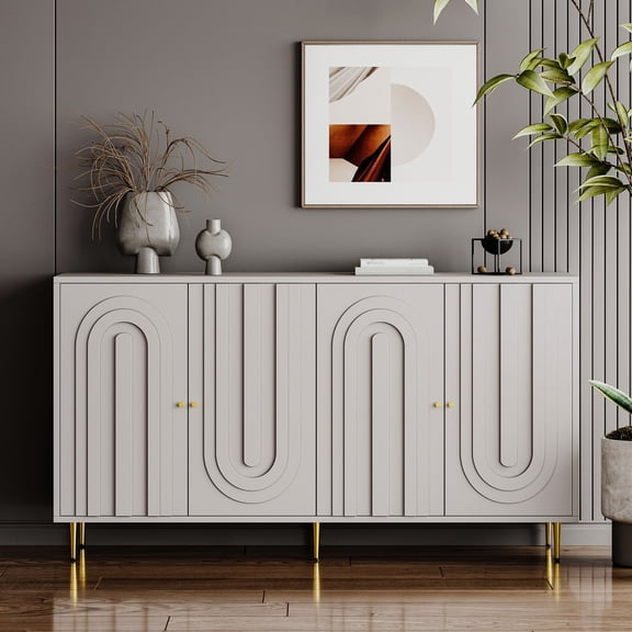 Gray Lacquered 4 Door Storage Cabinet | For Living Room, Minimizes Visual Mess | MDF Material with Metal Legs, High Stability | Assembly with Provided Parts