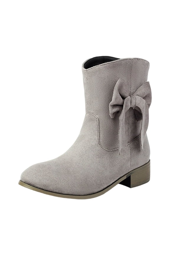 Gray Ladies Bow Decoration Short Boots With Chunky Low Heel Design For Winter Casual Wear