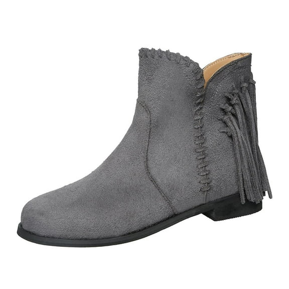 Gray Ladies Casual Winter Boots Cool Style Solid Color Suede Tassel Low Heel Ankle For Indoor Wear