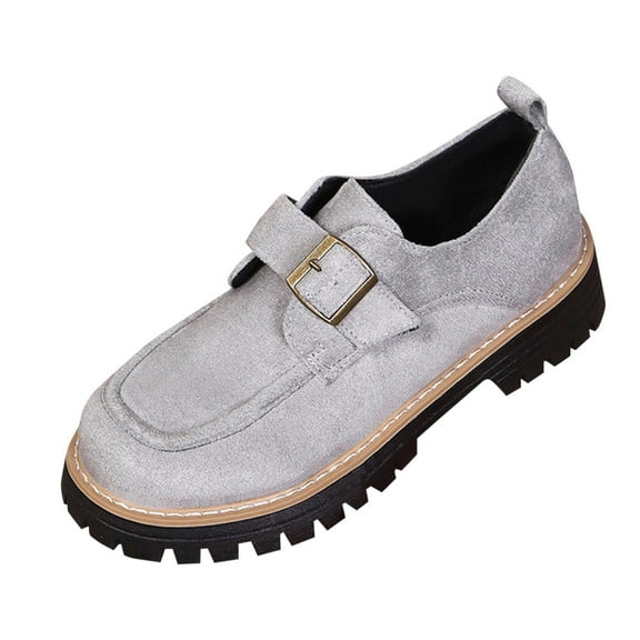 Gray Ladies Everyday All-Match Chic Metal Clip Round Toe Shoes Fall And Winter Era Comfortable Elevated Thick Sole Loafers For Casual Use