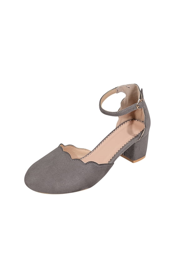 Gray Ladies Fashion Casual Spring Summer Solid Color Round Toe Ruffled Shallow Mouth One Line Buckle Thick Heel High Heels