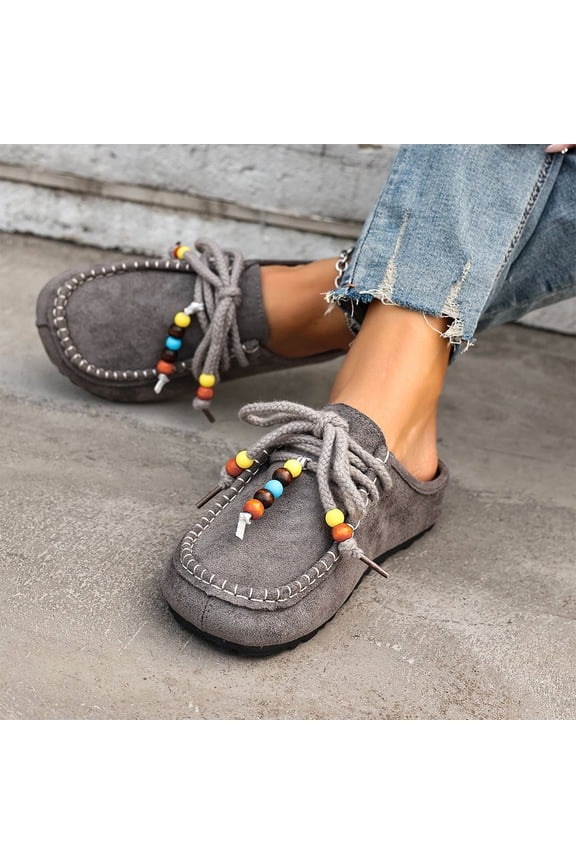 Gray Ladies Flat Shoes Beaded Laced Soft Flock Moccasin Stitching Ethnic Inspired Slip On Versatile Casual Light Daily Wear Size 43