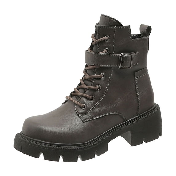 Gray Ladies Lace Up Boots Round Toe Chunky Mid Heel For Comfortable Winter Style
