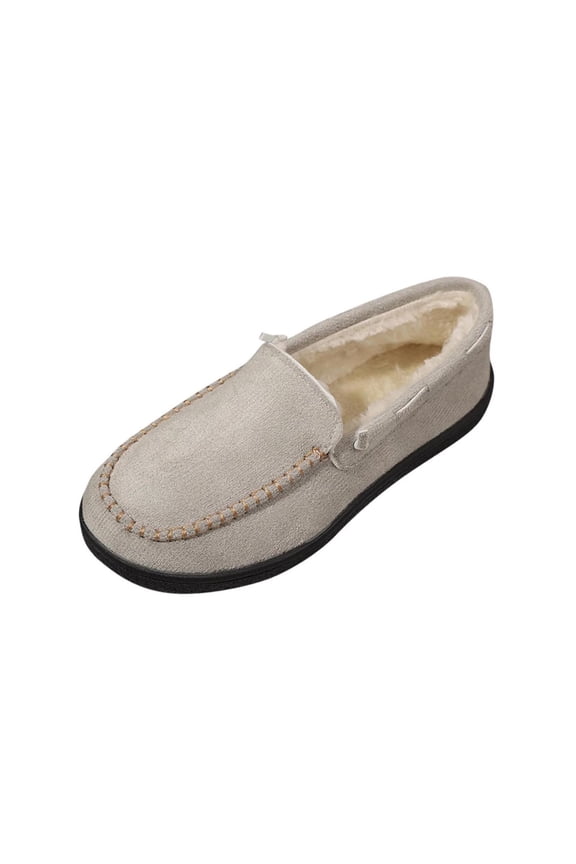 Gray Ladies Moccasin Slippers With Round Toe Closed Toe Slip On Design Warm Velvet Lining For Casual Winter Indoor Outdoor Daily Wear Size 37