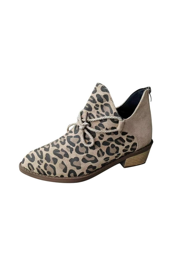 Gray Ladies Plus Size Leopard Print Splicing Thick Heel Ankle Boots For Versatile Use In Various Environments