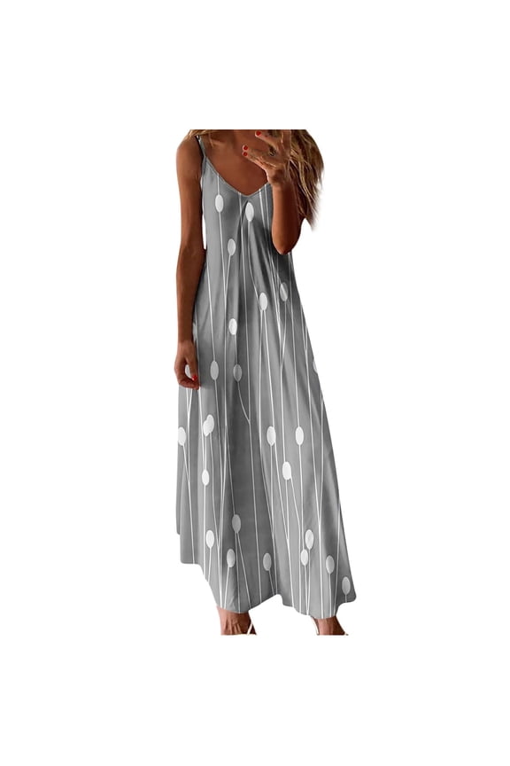 Gray Ladies Sleeveless Slip Graphic Long Dresses for Women V Neck Spandex Casual Long Fall Summer Dresses 2026 Soft Comfy Clothing Country Concert Y2K L