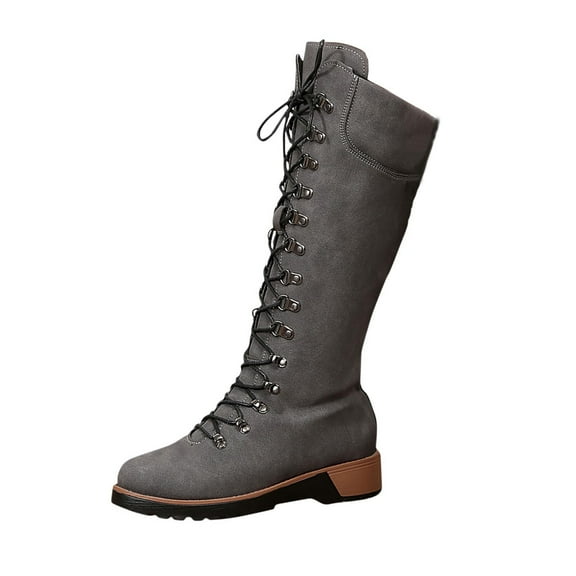Gray Ladies Winter Season Boots With Front Lace-Up And Mid Heel Suitable For Everyday Wear