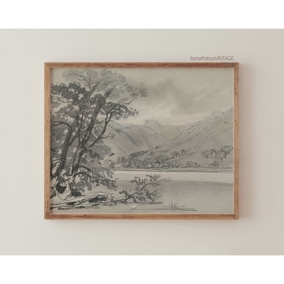 Gray Landscape Sketch Vintage Graphite Antique Art Wall Art, Unframed Paper Print
