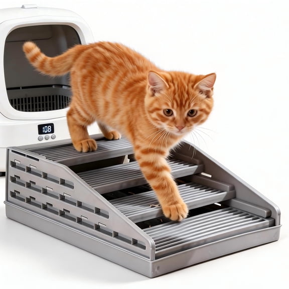Gray Large Cat Litter Box Step Ramp With Catcher