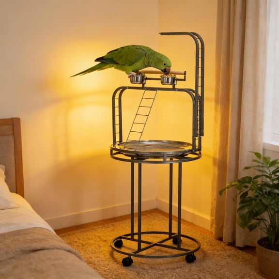 Gray Large Wooden Bird Parrot Stand with 3 Ladders Toy Hook & Wheels Stainless Steel Bowls & Removable Tray for Conures/Amazon Parrots/Cockatoos