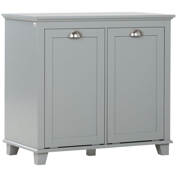 Gray Laundry Cabinet: Dual-Compartment Tilt-Out Bathroom Hamper Sorter