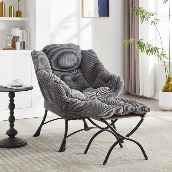Gray Lazy Chair with Ottoman – Cozy Lounge Chair for Bedroom, Living Room, and Balcony, Effortless Assembly