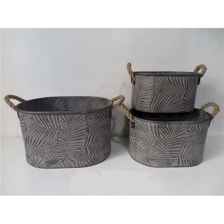 Gray Leaf Pattern with Rope Handles Planters, Set of 3