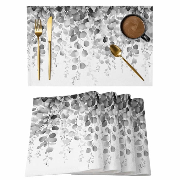 Gray Leaf Placemats Set of 4, Eucalyptus Leaves Non-Slip Place Mats Washable Table Mats for Kitchen Dining Table Decorations Indoor/Outdoor