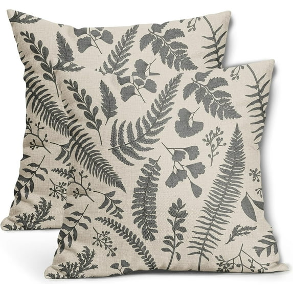 Gray Leaf Plant Pillow Covers 18X18 Inch Set of 2 Grey Tropical Fern Herbs Botanical Leaves Floral Decorative Pillow Cases Vintage Cushion Case Farmhouse Home Decor for Couch Sofa Porch Outdoor