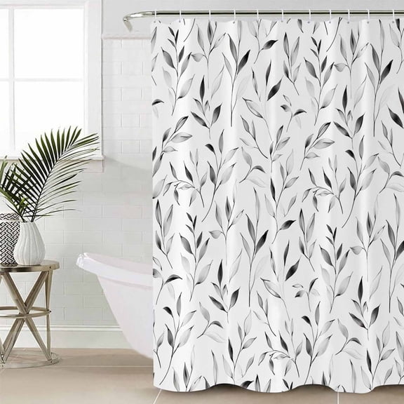 Gray Leaf Shower Curtain Set, Waterproof Shower Curtains for Bathroom, Modern Botanical Foliage Plant Country Pastoral Washable Fabric Cloth Bath Curtain for Bathtub with Hooks 72x78 Inches