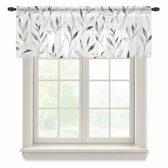 Gray Leaf Valance Curtains for Kitchen/Living Room/Bathroom/Bedroom Window,Rod Pocket Small Topper Half Short Window Curtains Voile Sheer Scarf,Modern Botanical Foliage Plant Country Pastoral 42"x18"