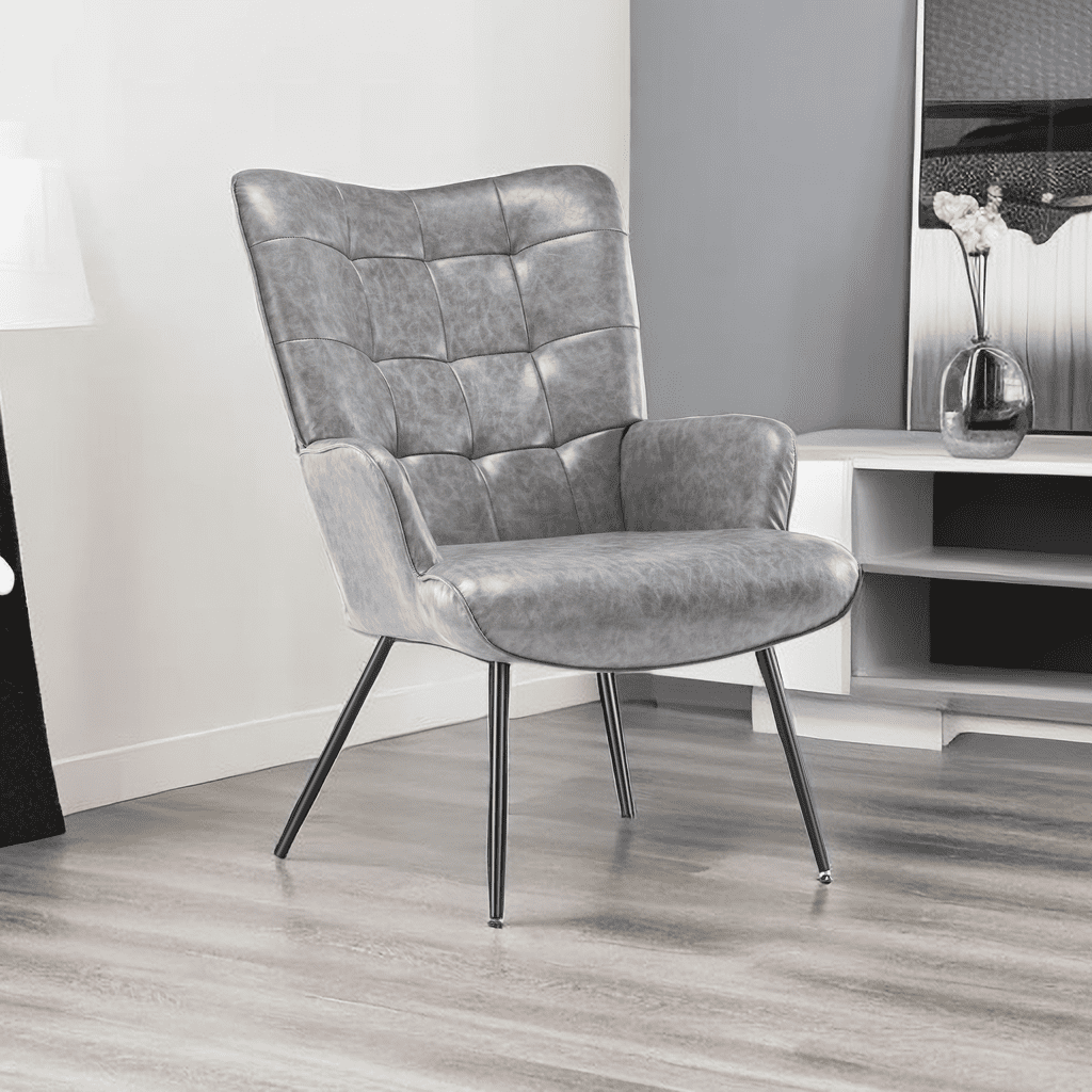 Gray Leather Accent Chair Mid-Century Modern Faux Leather Wingback ...