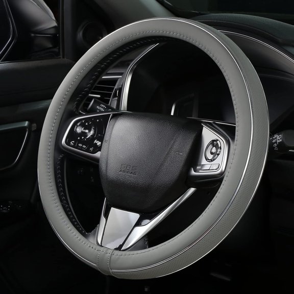 Gray Leather Steering Wheel Cover Silver Fiber Strip Car Steering Wheel Cover Universal 15 inch for Men
