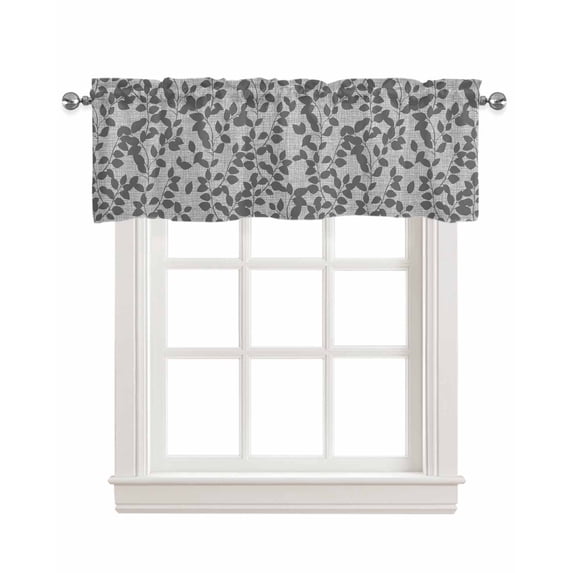 Gray Leaves Linen Curtain Valance for Bedroom/Bathroom/Kitchen/Office/Living/Dining Room Window,Abstract Vintage Botanical Lattice Pocket Topper Drapes Decorative Cafe Drapery Panel 54"x18"