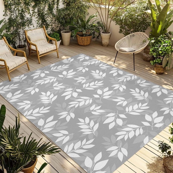Gray Leaves Outdoor Rug 5x7 Ft - Reversible Patio Rug Outdoor Camping Rugs, Vintage Farmhouse Pastoral Aesthetic Plants Indoor Outdoor Area Rugs, Non-Slip Outdoor Carpet Runner for Deck/Porch