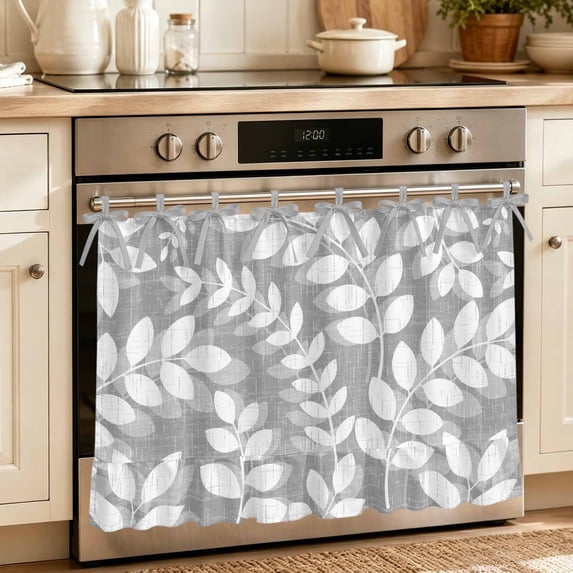 Gray Leaves Oven Skirt for Farmhouse Kitchen Décor, Farmhouse Botanical Leaf Branch Vintage Modern Oven Curtain Tie Top Decorative Stove Skirt, Cabinet Dish Washer Curtains 8 Ribbon Ties 27"x20"