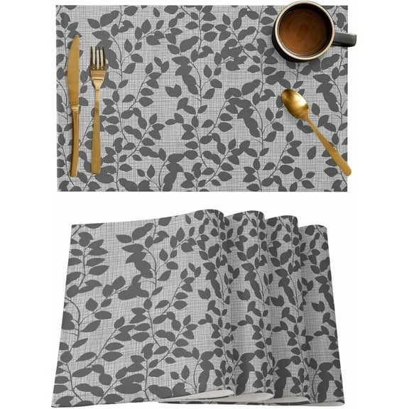 Gray Leaves Placemats Set of 4, Washable Woven Burlap Cloth Fabric Placemat for Square/Rectangle/Round/Oval Dining Table, Easy Clean Place Mats for Toddlers, Kids Abstract Vintage Botanical Lattice