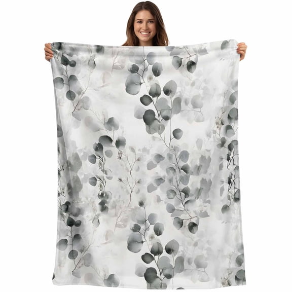 Gray Leaves Print Throw Blankets, Eucalyptus Leaves Soft Fleece Blanket Decorative for Home Sofa Couch Chair Living Bedroom, 50x60 inches,